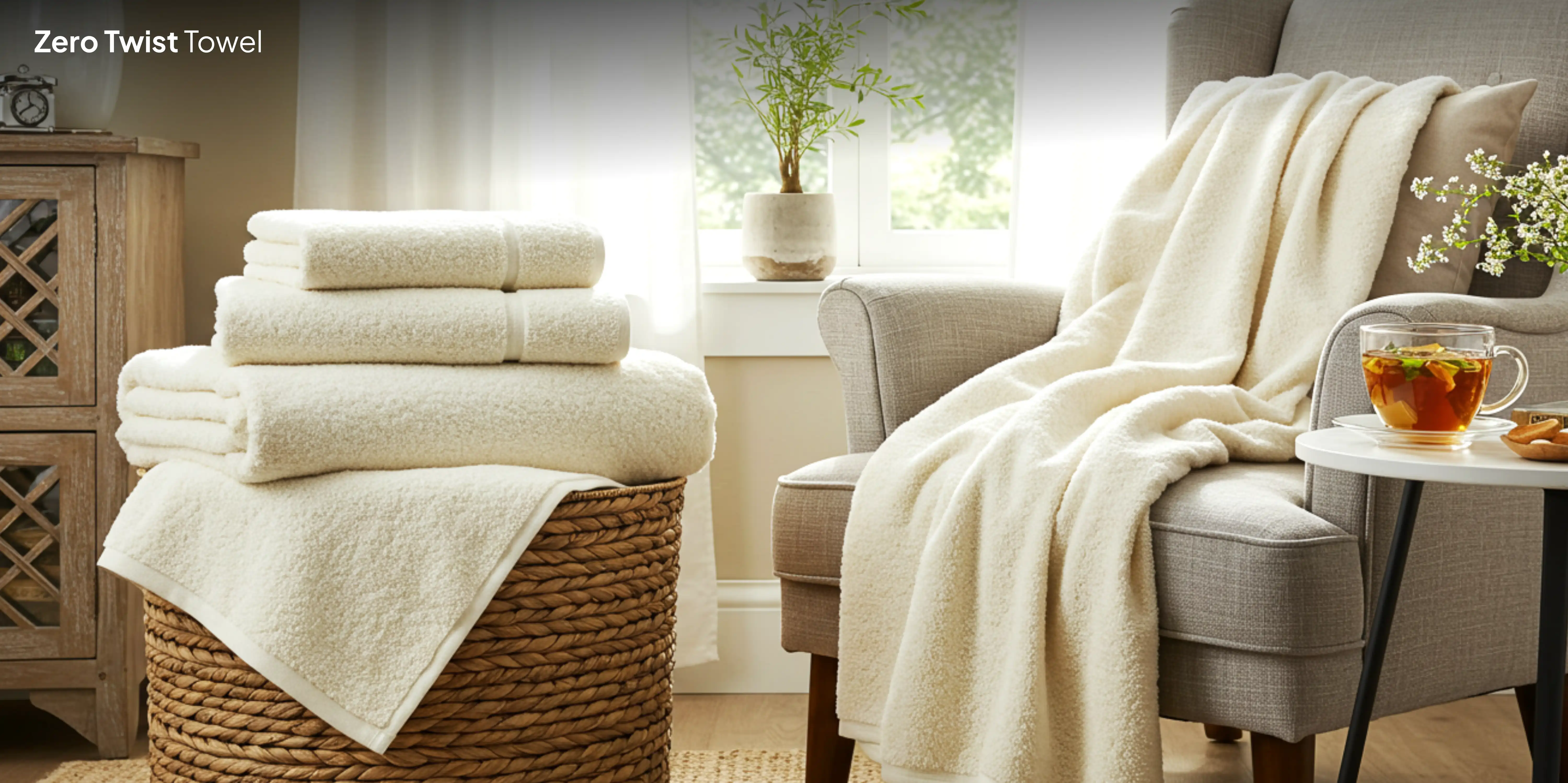 White towels on wicker basket in cozy room.